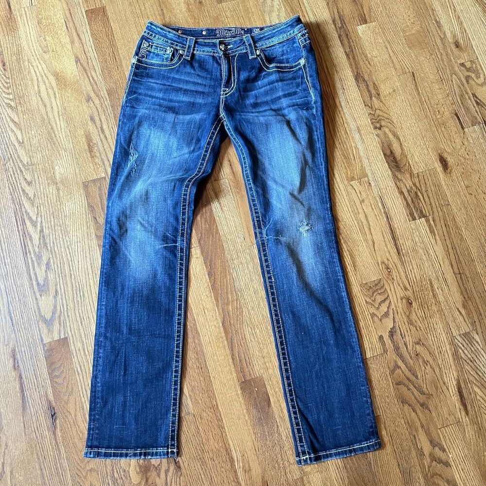 Miss Me Women's Straight Jeans in Distressed Blue Denim